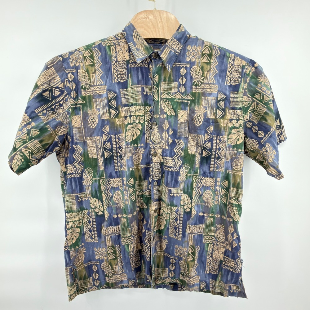 Tori Richard Button Down Mens XL Blue Cotton Lawn Tribal Pineapple Aloha Shirt